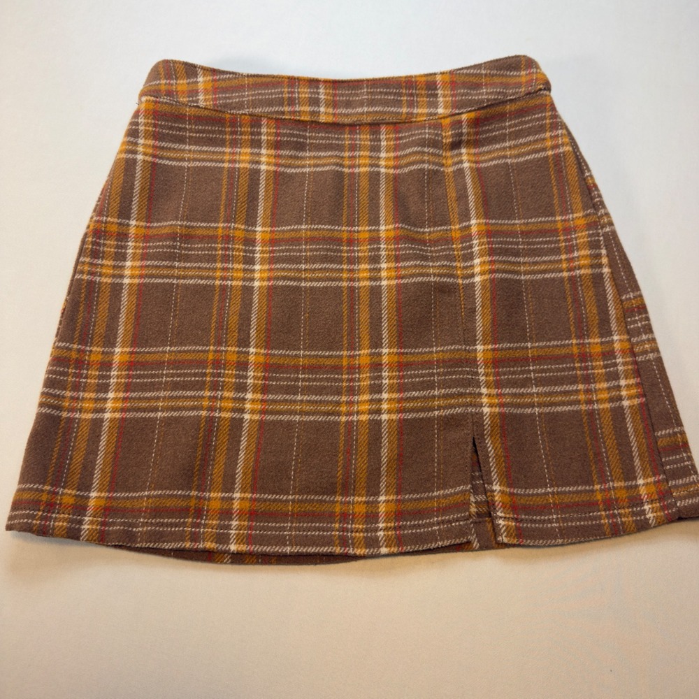 Tinseltown Brown Plaid Mini Skirt EUC Slit Womens M Preppy Retro 90s VTG Style - Picture 2 of 9